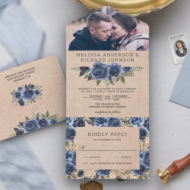 Casamento Floral Azul Naval de Sarja Rústica (Criador carregado)