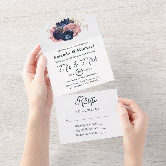 Casamento Floral Bege, Azul Marinho e Dourado (Aba destacável)