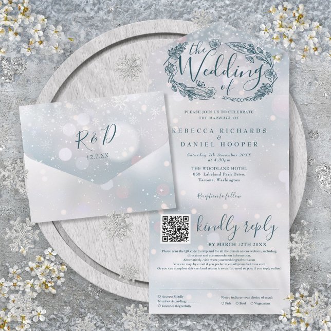 Casamento Floral Boho Flocos de Neve Código QR (Winter Snowflakes Boho Floral QR Code Wedding All In One Invitation)