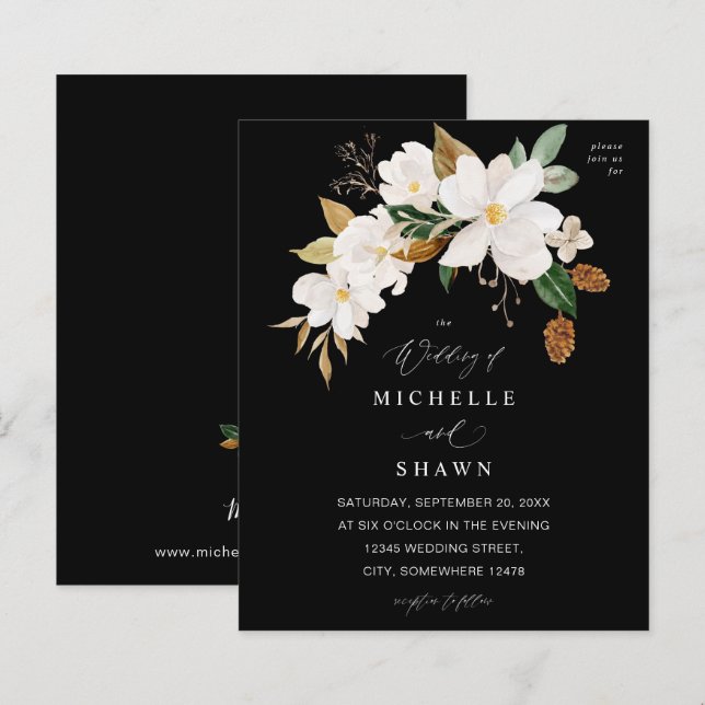 Casamento Floral Branco Magnolia - Preto (Frente/Verso)