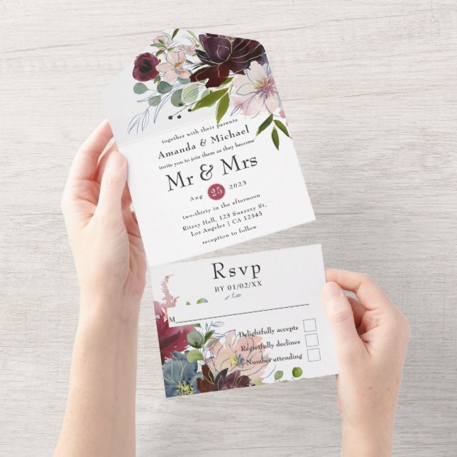 Casamento Floral Burgundy, Navy e Blush (Aba destacável)