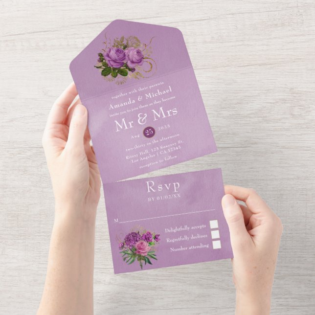 Casamento Floral Chic Vintage Dourado e Roxo (Aba destacável)