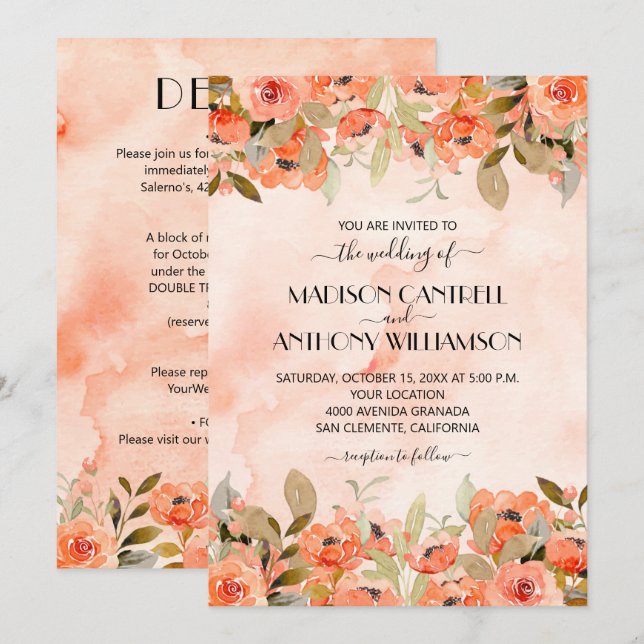 Casamento Floral Chic Watercolor Tudo Em Um Convit (Frente/Verso)
