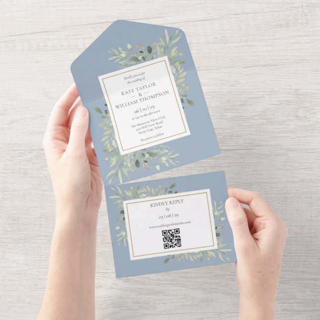 Casamento Floral Código QR em Azul Poeirento e Ver (Aba destacável)