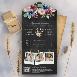 Casamento Floral Código QR Preto Burgundy Azul Mar