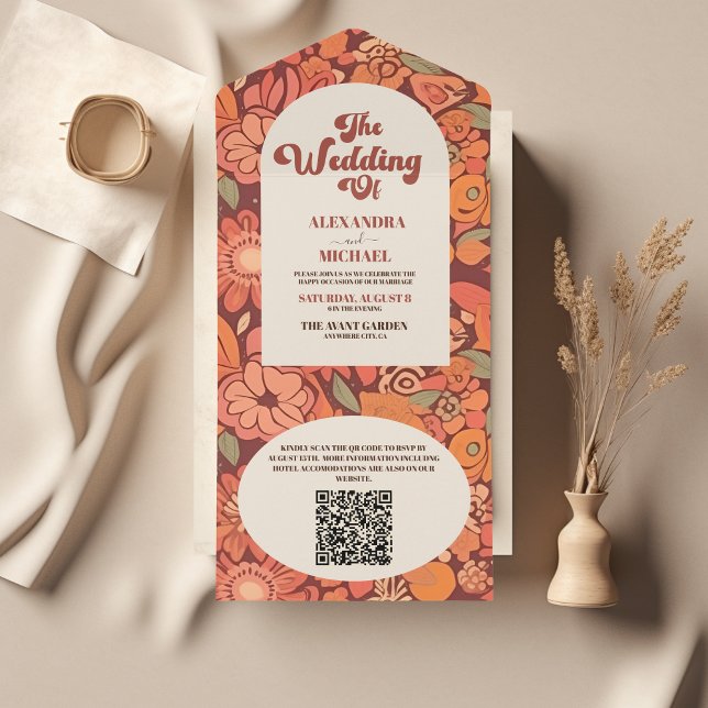 Casamento Floral com Arco de Código QR Retro 70s (Criador carregado)