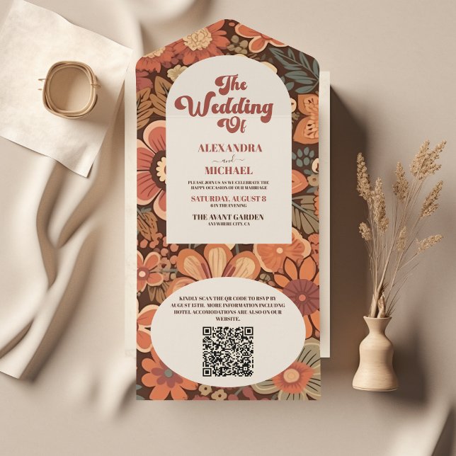 Casamento Floral com Arco de Código QR Retro 70s (Criador carregado)