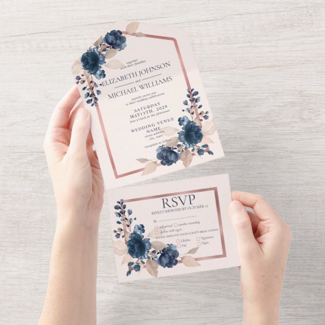 Casamento Floral Cor-de-Rosa Azul, Dourada Marinho (Aba destacável)