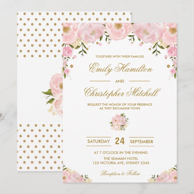 Casamento Floral Cor-de-Rosa Blush Convite Dourado (Frente/Verso)