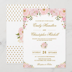 Casamento Floral Cor-de-Rosa Blush Convite Dourado