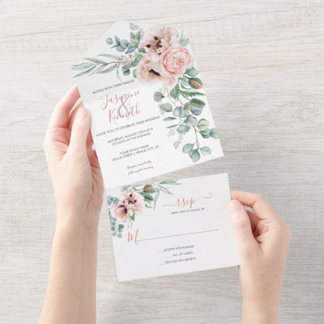 Casamento Floral Cor-de-Rosa-Esbranquiçada e Aquar (Aba destacável)