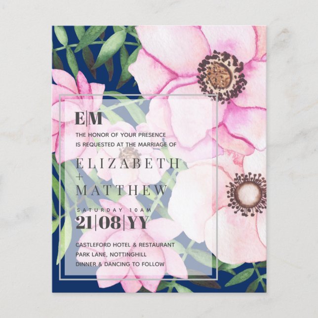 Casamento Floral Cor-de-Rosa Esbranquiçada Moderno (Frente)