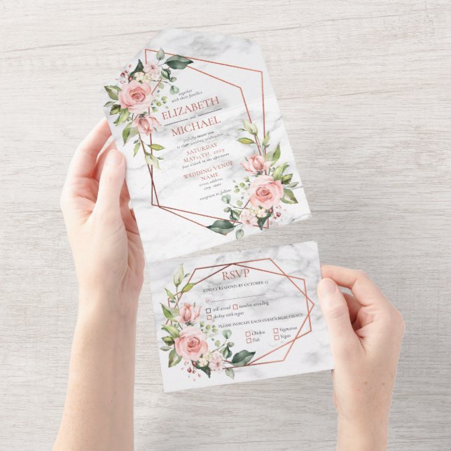 Casamento Floral Cor-de-Rosa-Mármore Geométrico (Tearaway)
