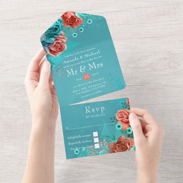 Casamento Floral Coral e Turquesa (Aba destacável)