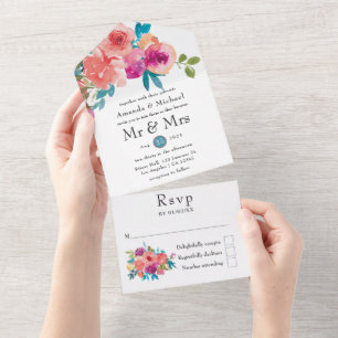 Casamento Floral Coral, Turquesa e Roxo