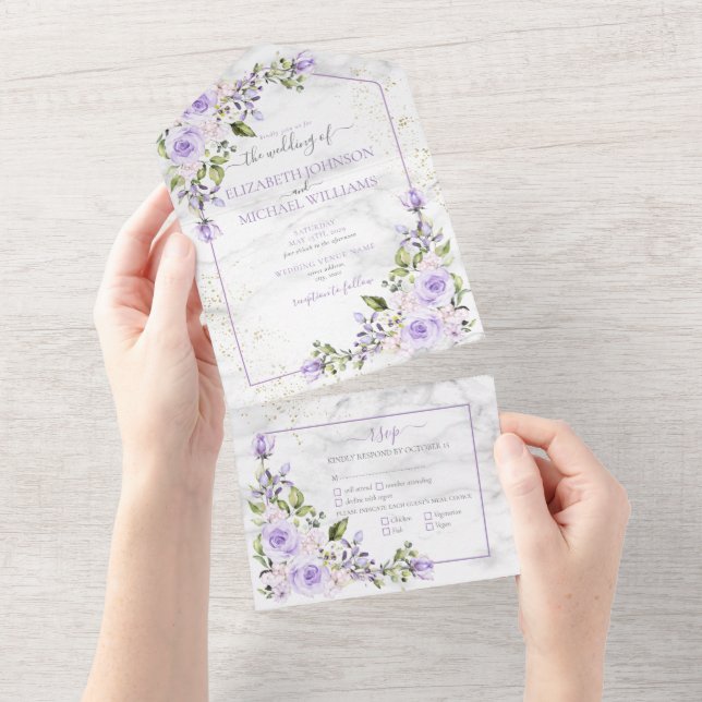 Casamento Floral da Lavanda Lilac Dourada Marble (Aba destacável)