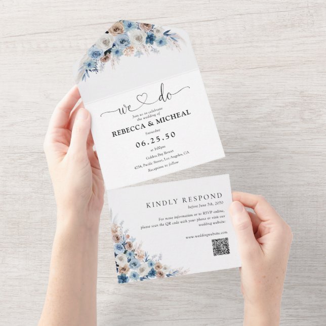 Casamento Floral de Boho Azul - Tudo em Um Convite (Aba destacável)