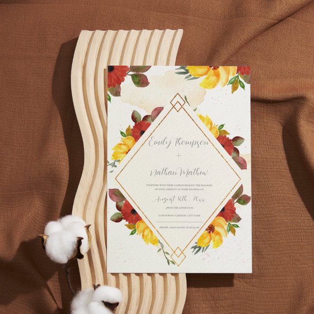 Casamento Floral de bonito Amarelo Vermelho-Russo  (Pretty Yellow Red Rustic Watercolor Floral Wedding Invitation)