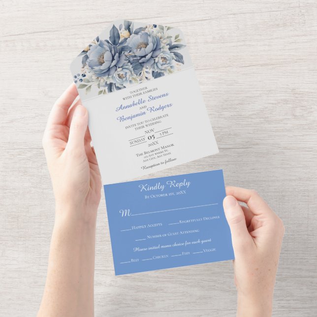 Casamento Floral de Cinza e Branco Azul Elegante (Aba destacável)