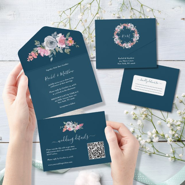Casamento Floral de Cor Azul-Rosa Elegante (Criador carregado)
