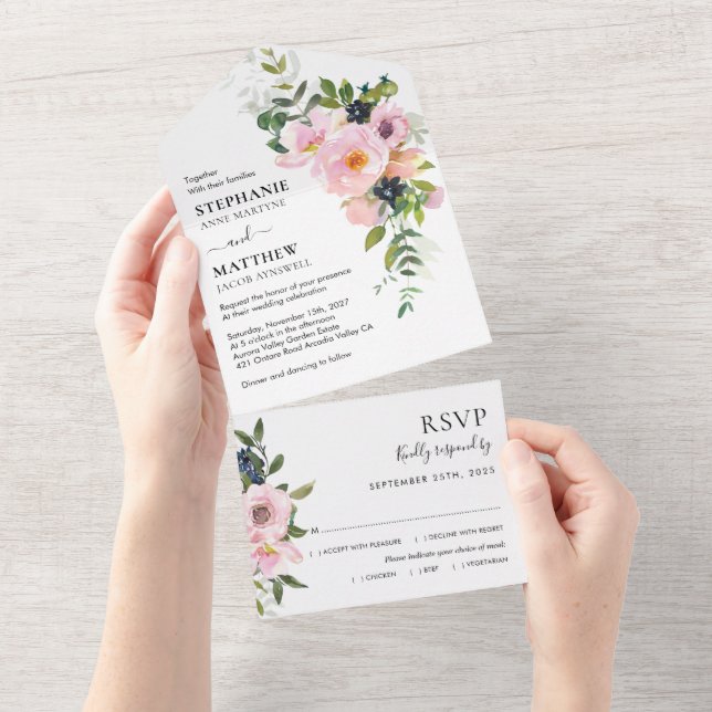 Casamento Floral de Cor de Água Rosa Espelhada Mod (Aba destacável)