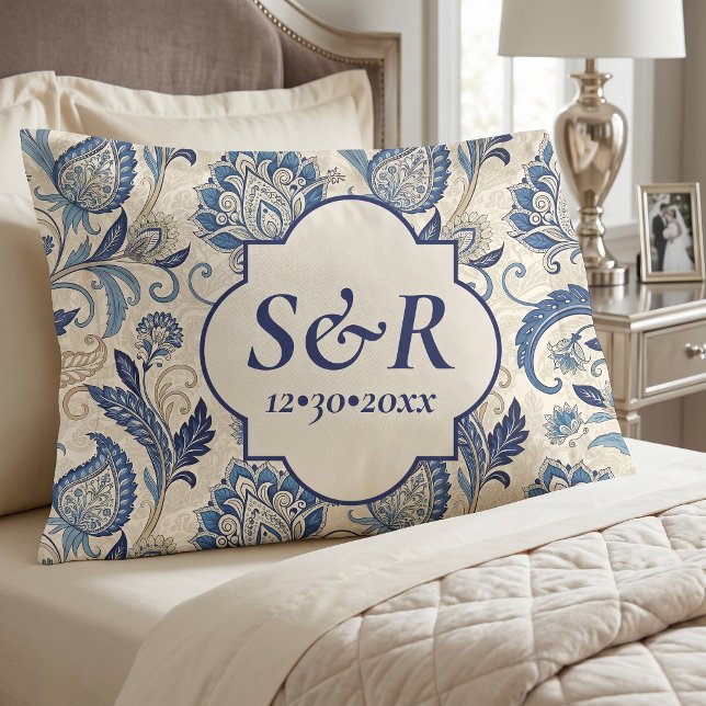Casamento Floral de Damasco Azul e Creme Monograma (Criador carregado)