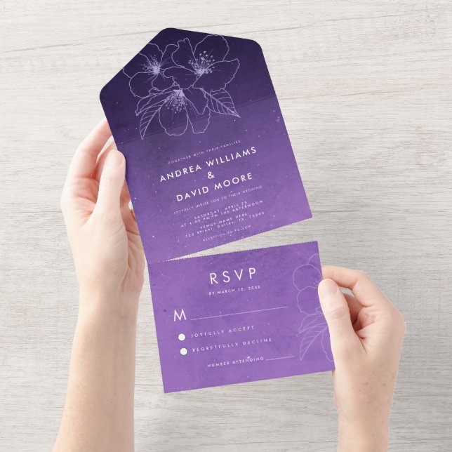 Casamento Floral de Galáxia com Estrelas Roxas (Aba destacável)