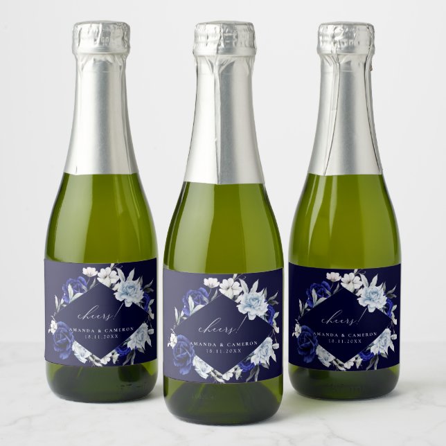 Casamento Floral de Marinho Azul Elegante (Garrafas)