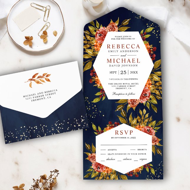Casamento Floral de Outono Azul Naval Laranja Quei (Criador carregado)