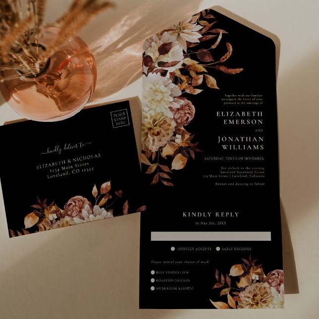 Casamento Floral de Outono com Refeições (Fall Floral with Meals Wedding All In One Invitation
)
