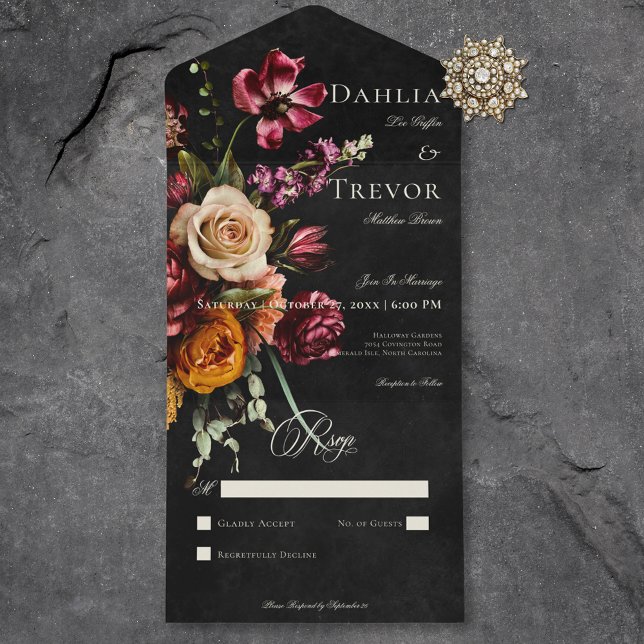 Casamento Floral de outono de Outono Escuro Sem Ja (Dark Elegant Autumn Floral Wedding No Dinner All In One Invitation)