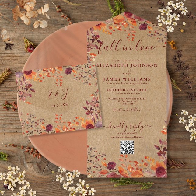 Casamento Floral de Outono no Código QR do Amor Ou (Rustic Fall In Love Autumn Floral QR Code Wedding All In One Invitation)