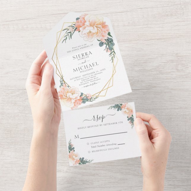 Casamento Floral de Pêssego Pêssego Chic Dourado (Aba destacável)