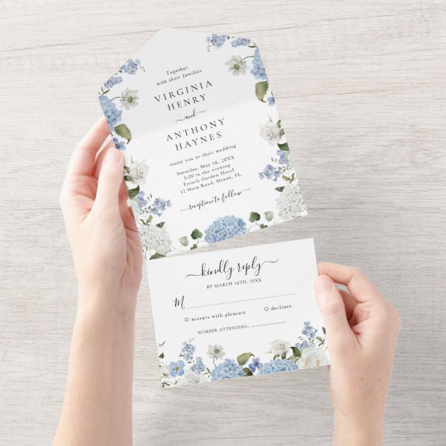 Casamento Floral de Rosas Brancas de Hydrangea Azu (Aba destacável)