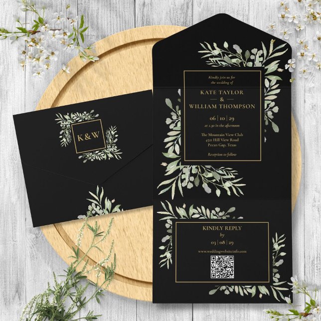 Casamento Floral de Verde e Dourado com Código QR (Black And Gold Greenery Floral QR Code Wedding All In One Invitation)