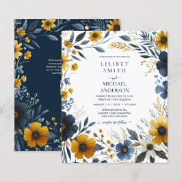 Casamento Floral Dourado Amarelo Azul-Marinho Eleg