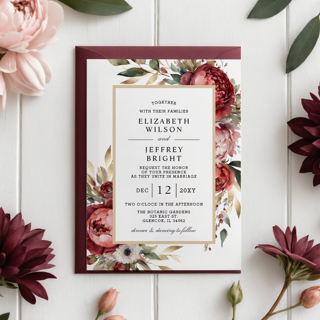 Casamento Floral Dourado Burgundy Blush (Budget Elegant Gold Burgundy Blush Floral Wedding Invitation)