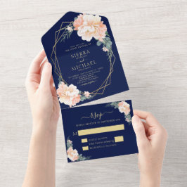 Casamento Floral Dourado de Pêssego Azul-Marinho E