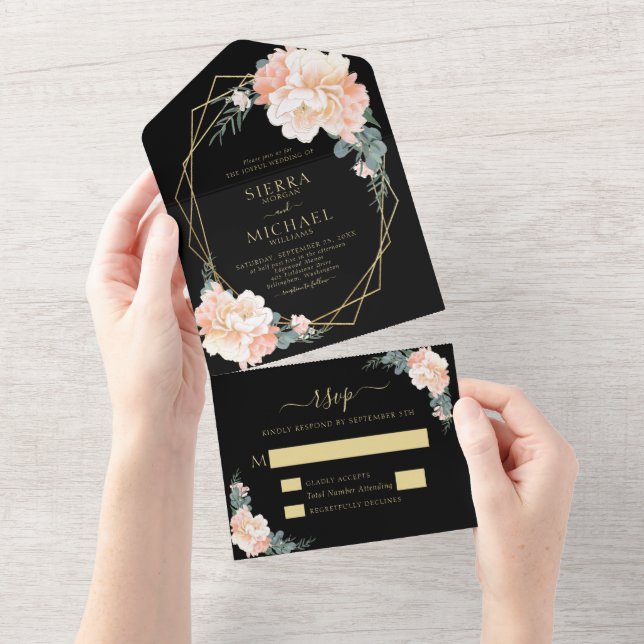 Casamento Floral Dourado Pêssego Chic Black Blush  (Aba destacável)