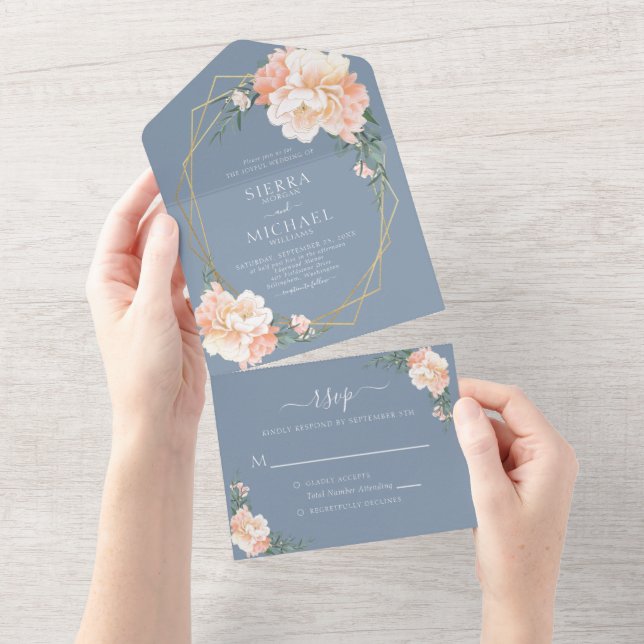 Casamento Floral Dourado Pessegueiro Azul (Aba destacável)
