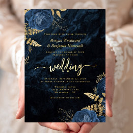 Casamento Floral Elegante Azul Naval Dourado