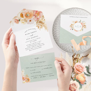 Casamento Floral Elegante Peach e Sage com RSVP Al