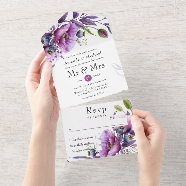 Casamento Floral em Aquarela com Tons de Ameixa e  (Aba destacável)