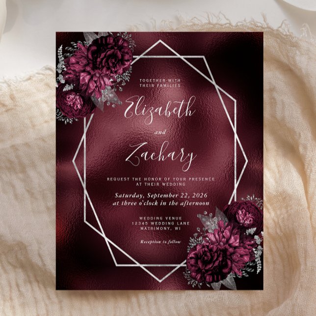 Casamento Floral Faux Foil Silver Silver Burgundy  (Criador carregado)