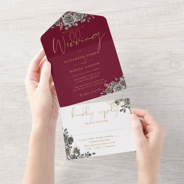 Casamento Floral Gótico em Borgonha e Dourado (Aba destacável)
