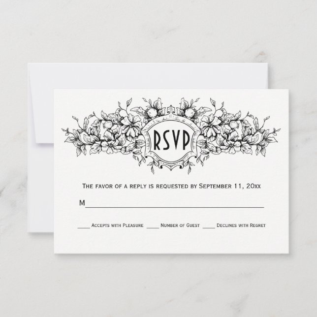 Casamento floral heráldico preto RSVP (Frente)