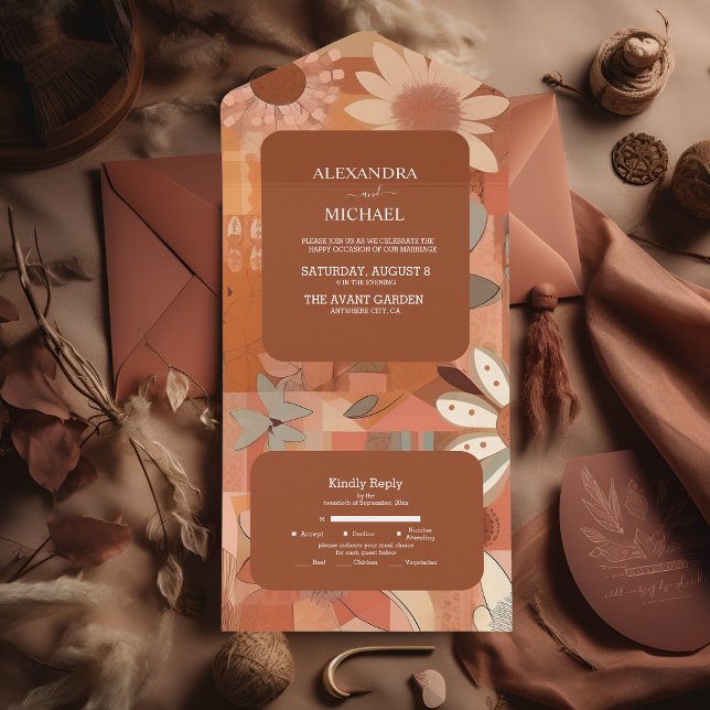 Casamento floral laranja queimado Retro Groovy (Criador carregado)