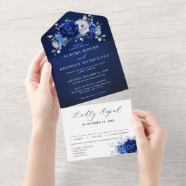 Casamento Floral Metálico Real Azul Prateado Branc