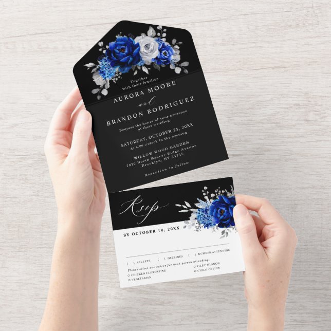 Casamento Floral Metálico Real Azul Prateado Branc (Aba destacável)