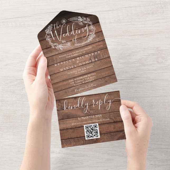 Casamento Floral Monograma Código QR Madeira Rústi (Aba destacável)
